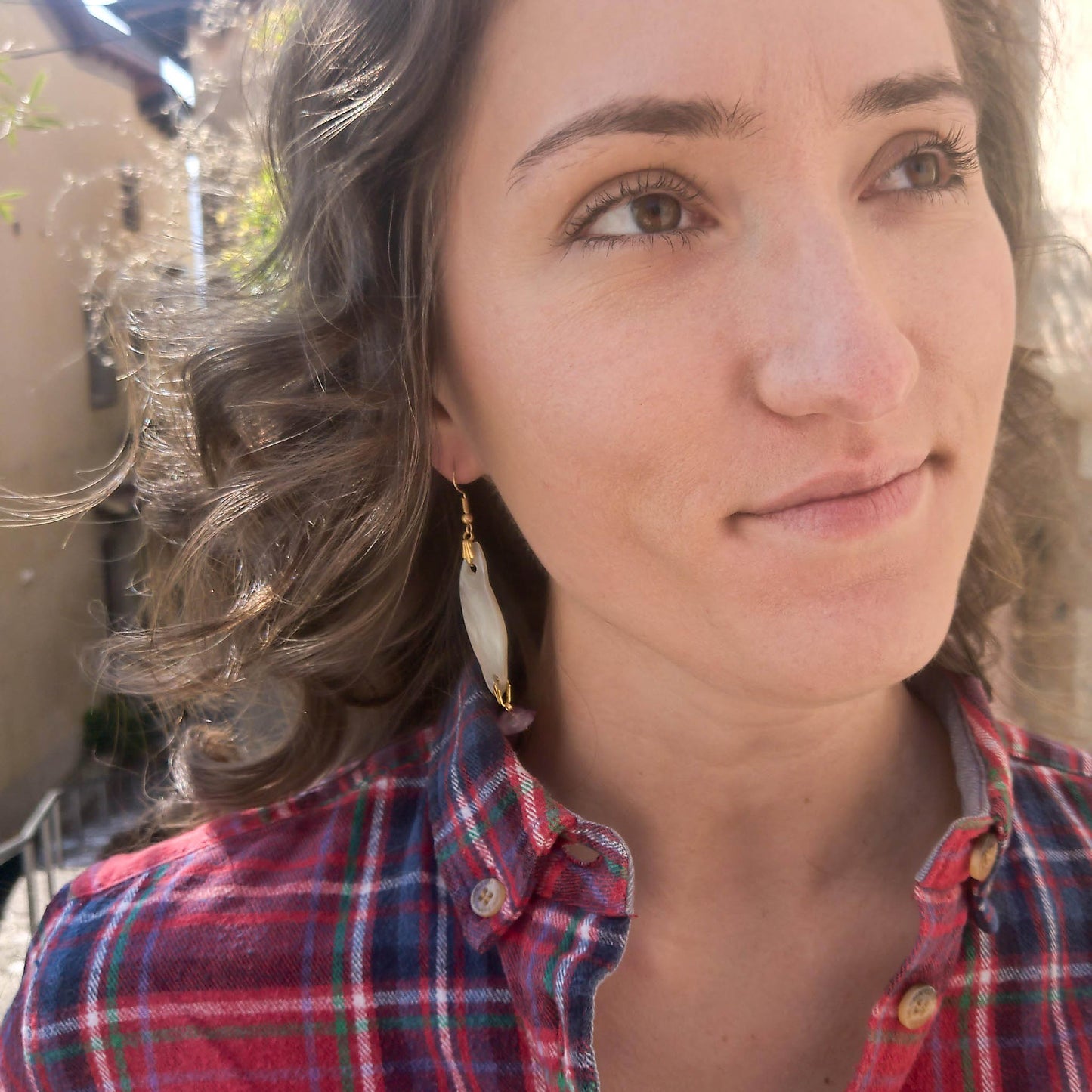 Penelope Mother of pearl and purple fluorite earrings with gold detail as worn by Valerie