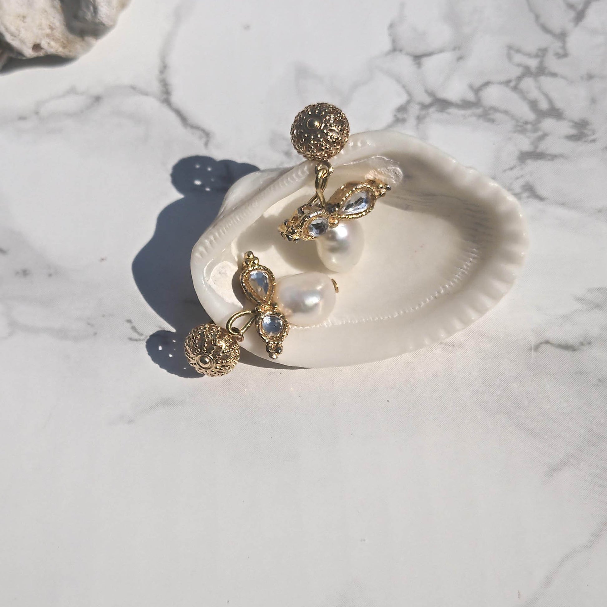 Queen Bee earrings- gold coloured textured studs with freshwater pearl dangle 