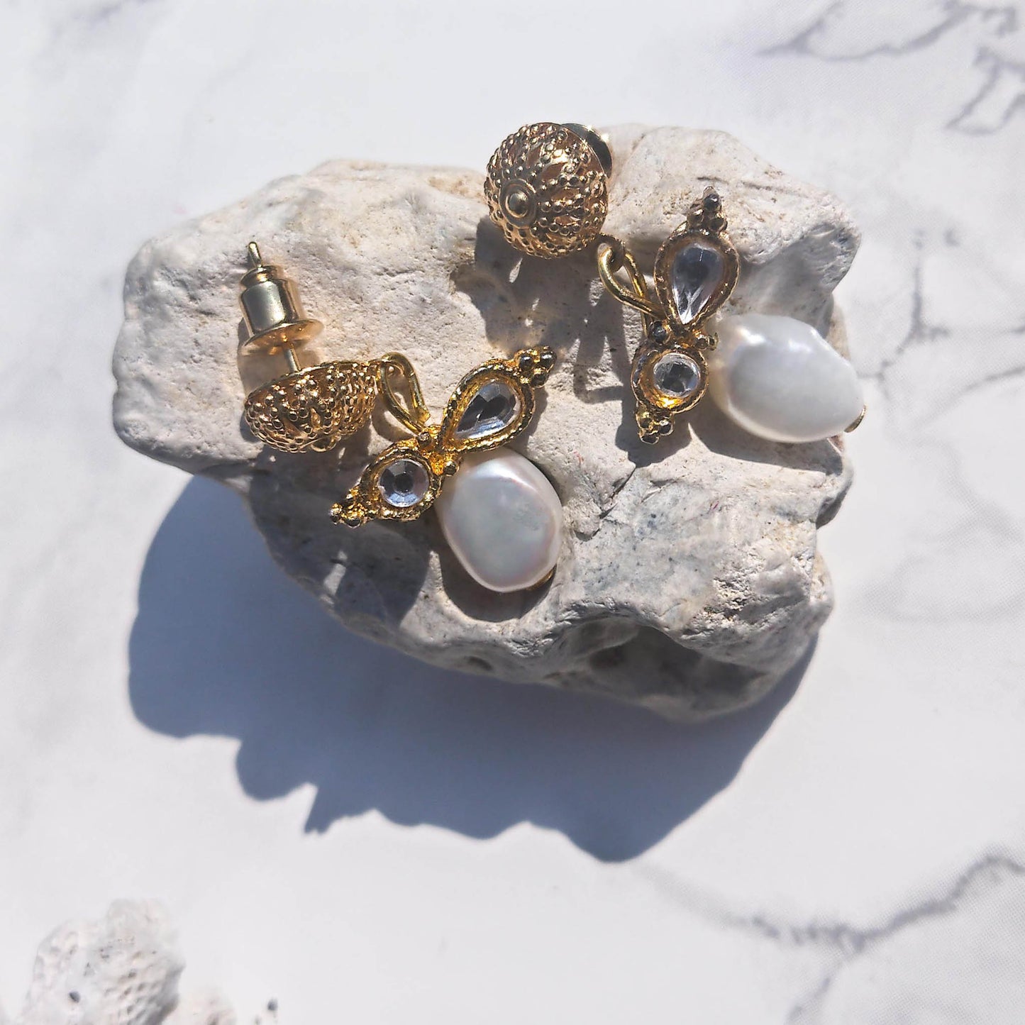 Queen Bee earrings- gold coloured textured studs with freshwater pearl dangle 