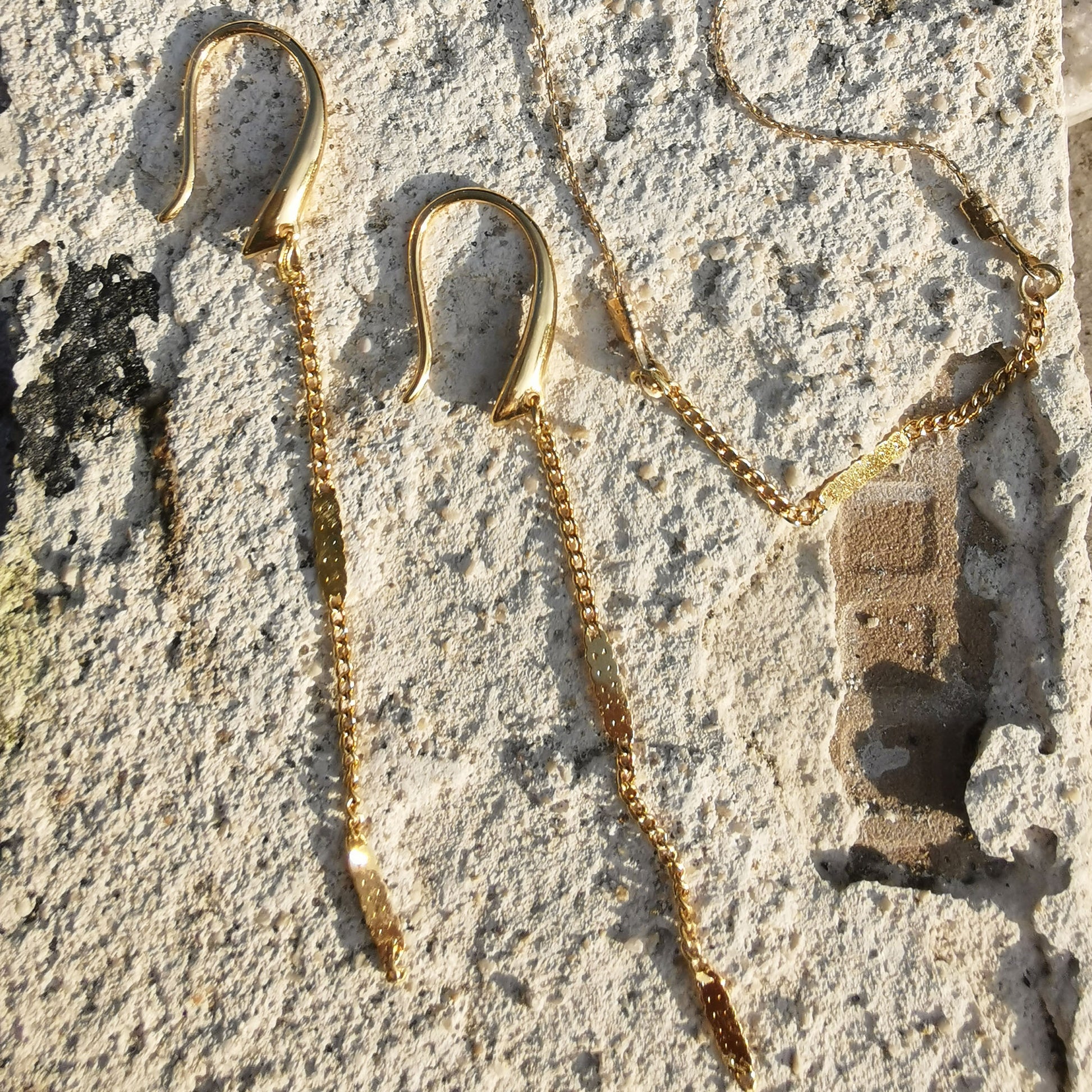 Dangle hook earrings with chain detail and matching necklace