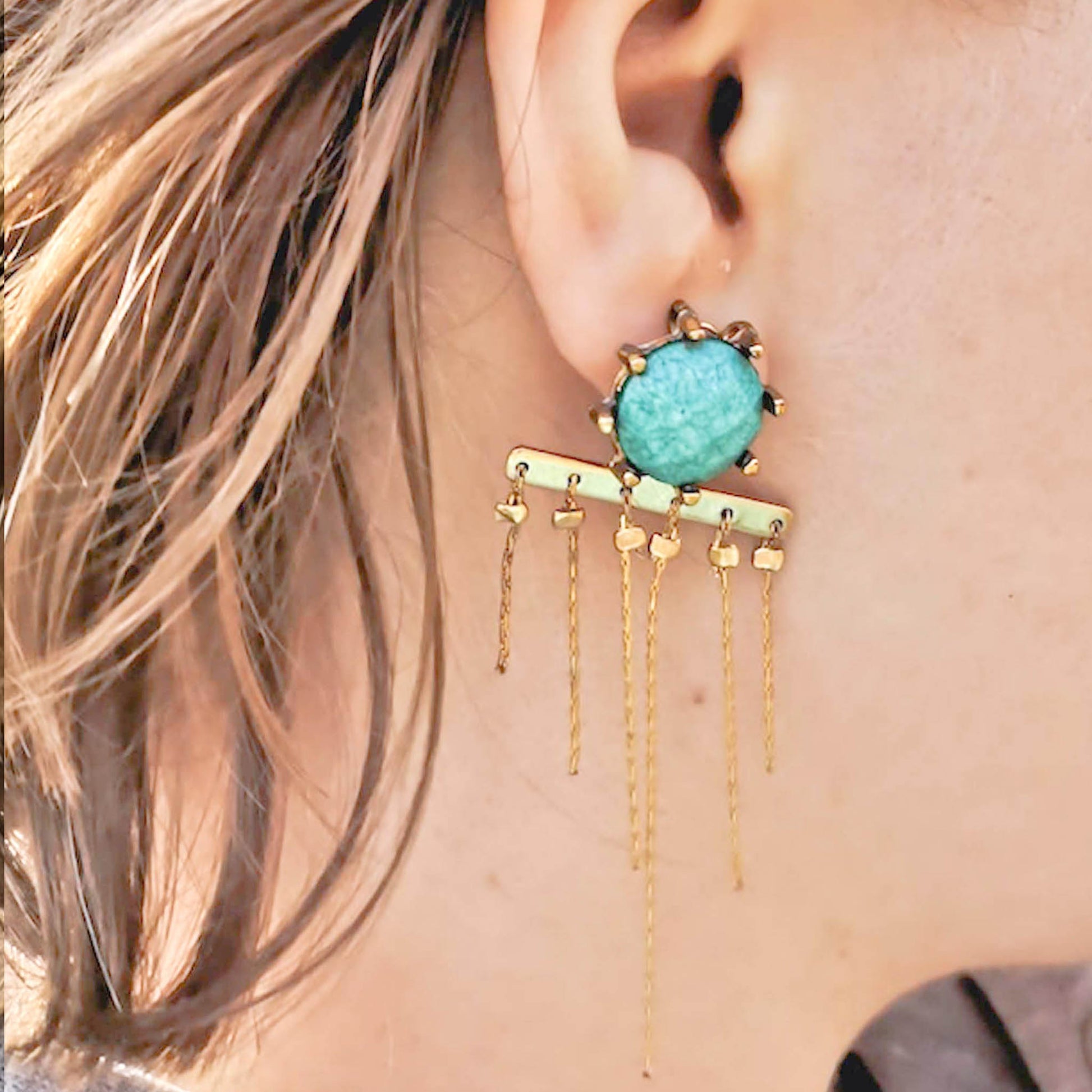 Turquoise studded earrings with dangling chains