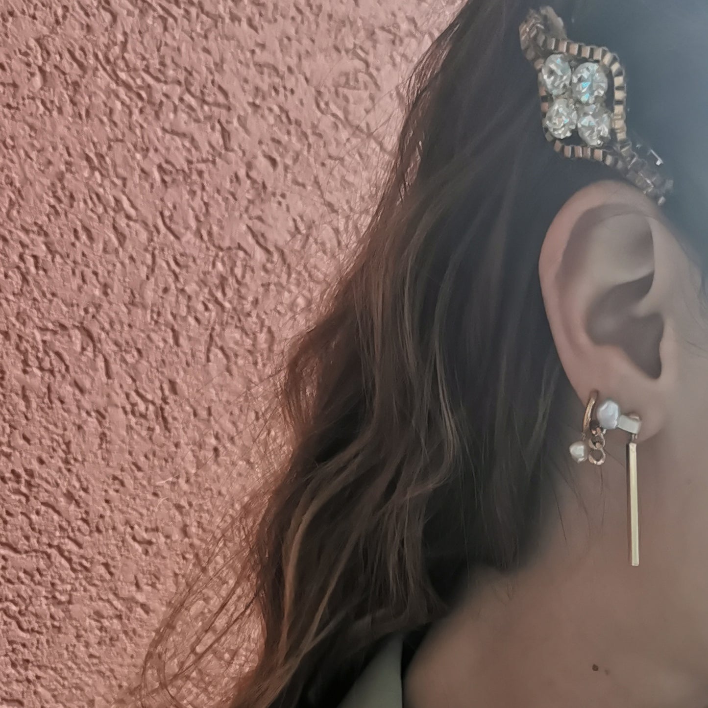 Violet mini Lantern Earring worn in second hole with two other earrings