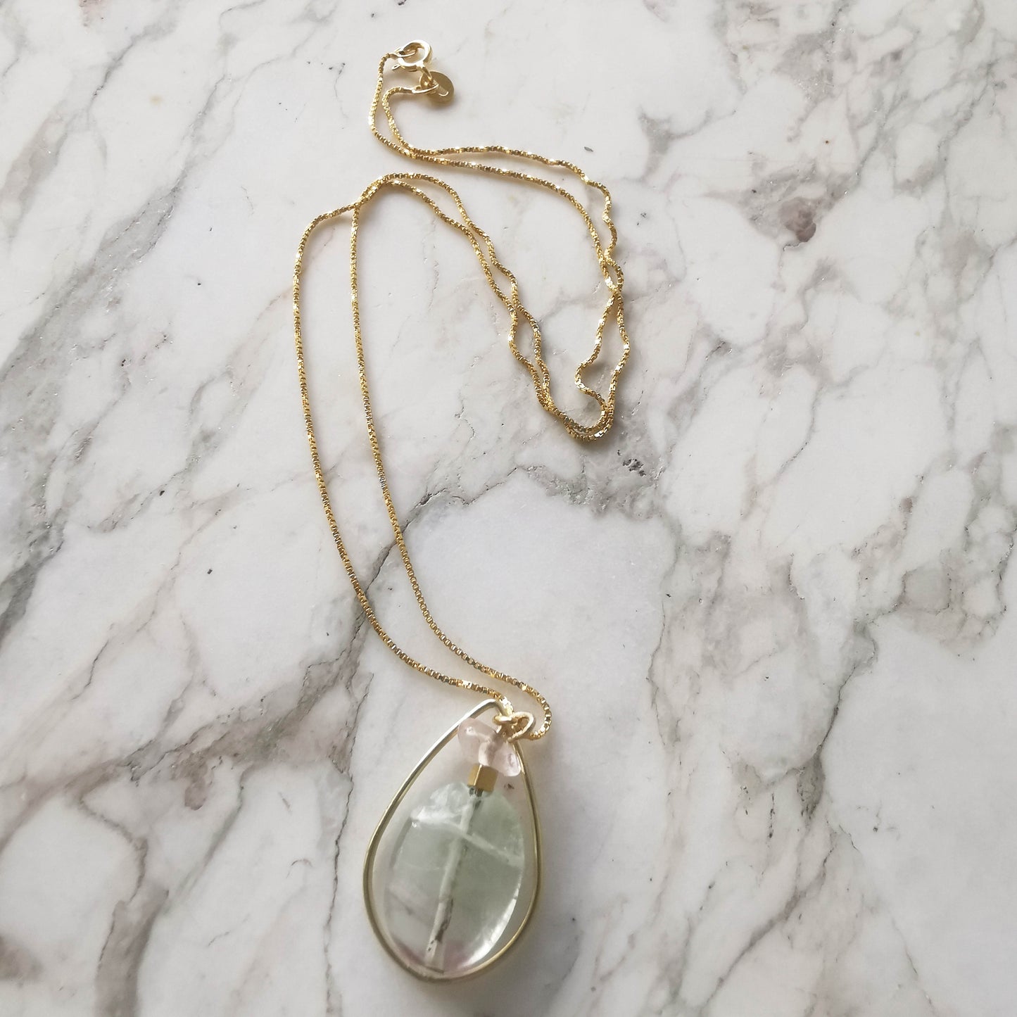 Purple fluorite and rose quartz drop necklace 