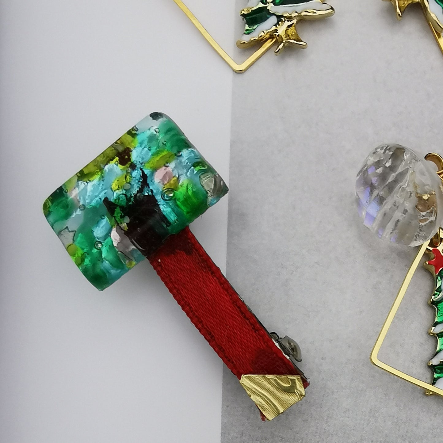 Green glass, ribbon and brass hairclip