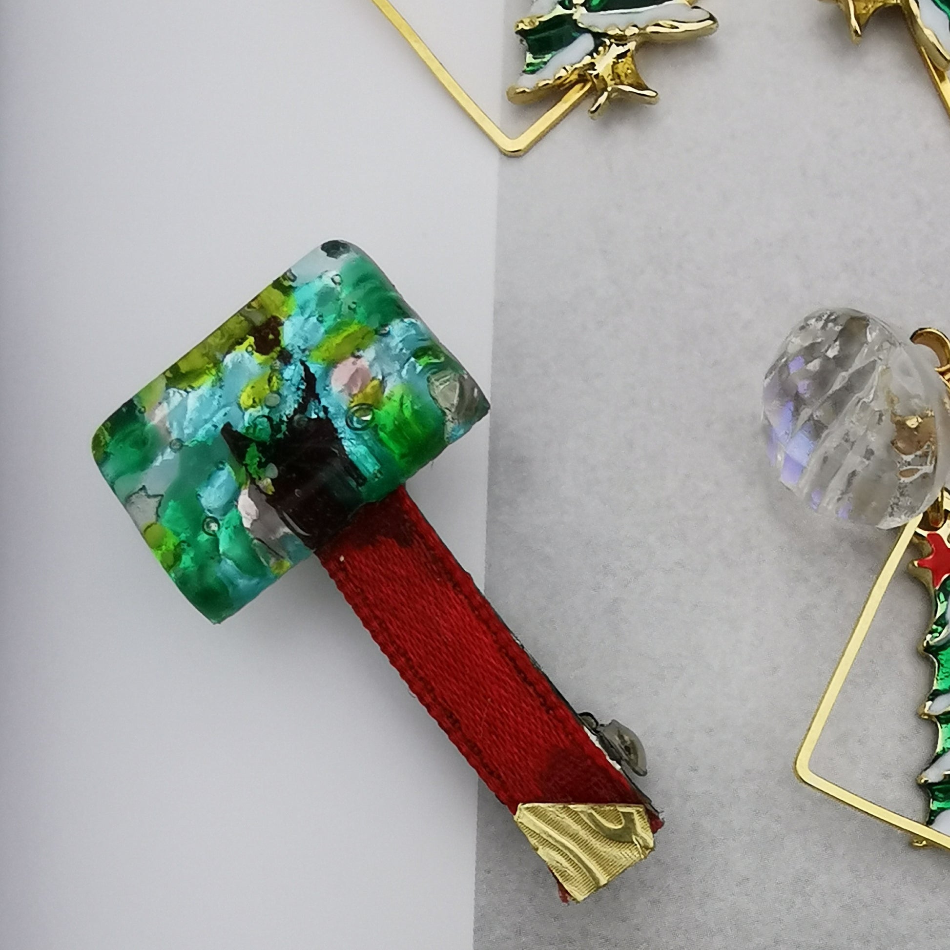 Green glass, ribbon and brass hairclip